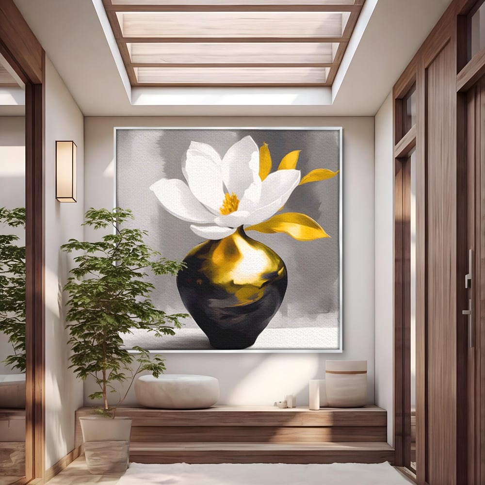 Tablou canvas cu tablou canvas cu floare si vaza aurie, in rama de aluminiu argintiu